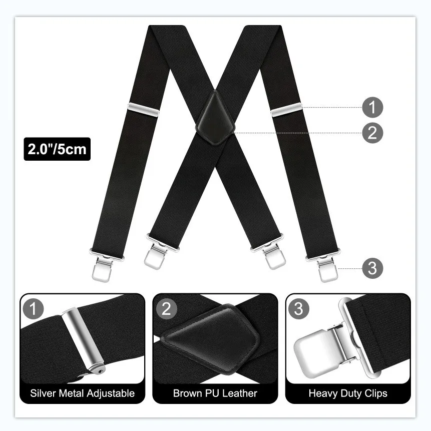 

50mm Men Elastic Black Cross Suspender, 5cm Wide X-Type Strong Elastic Trouser Braces with Four Clips
