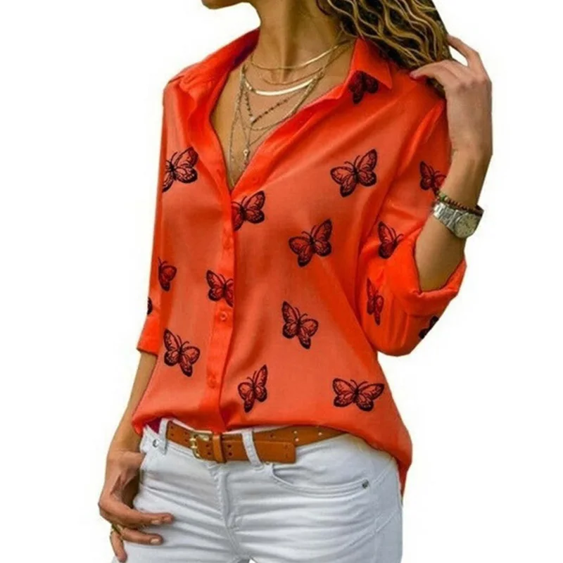 7 Solid Color Butterfly Print Blouse Women\'s V-Neck Button Long Sleeved Top Spring Autumn Casual T-Shirt