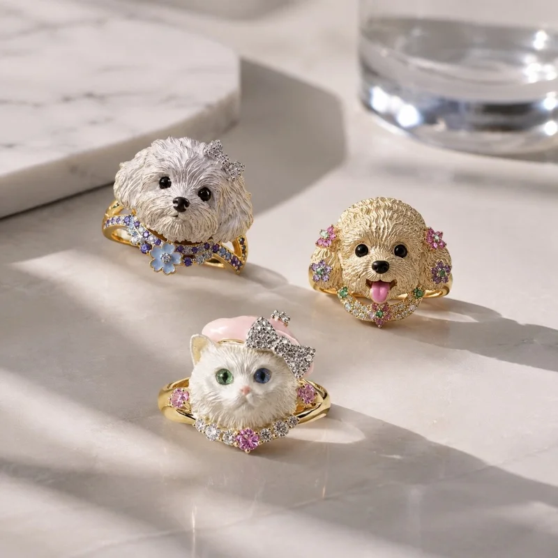 Sweet And Cool Cat And Dog Pet Themed Metal Ring for Women Unique Design Live Mouth Frosted Index Finger Ring Daily Gift Accesso
