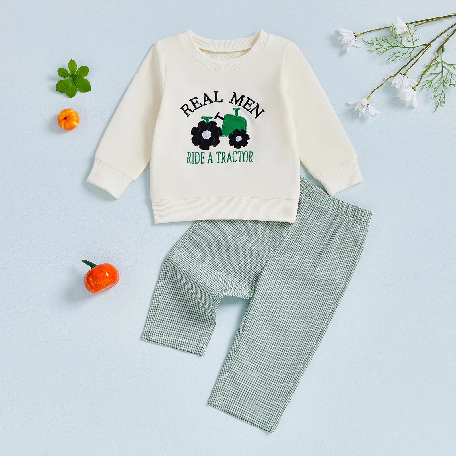 

Toddler Baby Boys Pants Set, Long Sleeve Embroidery Tractor Sweatshirt with Plaid Pants Infant Clothes