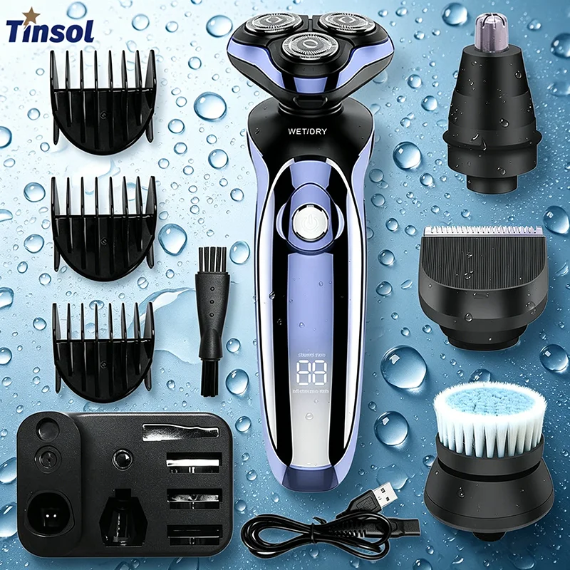 TINSOL Tondeuse à Cheveux Homme 6-en-1, Lame Flottante 4D à Trois Lames, Grille à Double Anneau, 600 mAh, Affichage Numérique Intelligent, Kit Rasoir Électrique