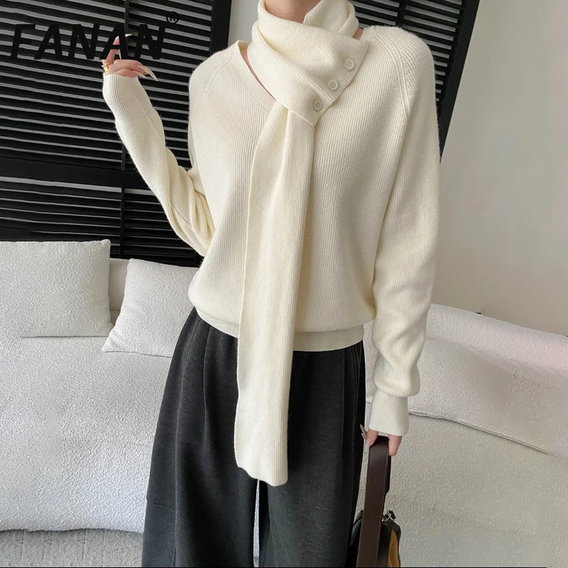 

FANAN Elegant Scarf Collar Design Knitting Sweater For Women Long Sleeve Thick Warm Tops Female Clothing 2025 Winter New