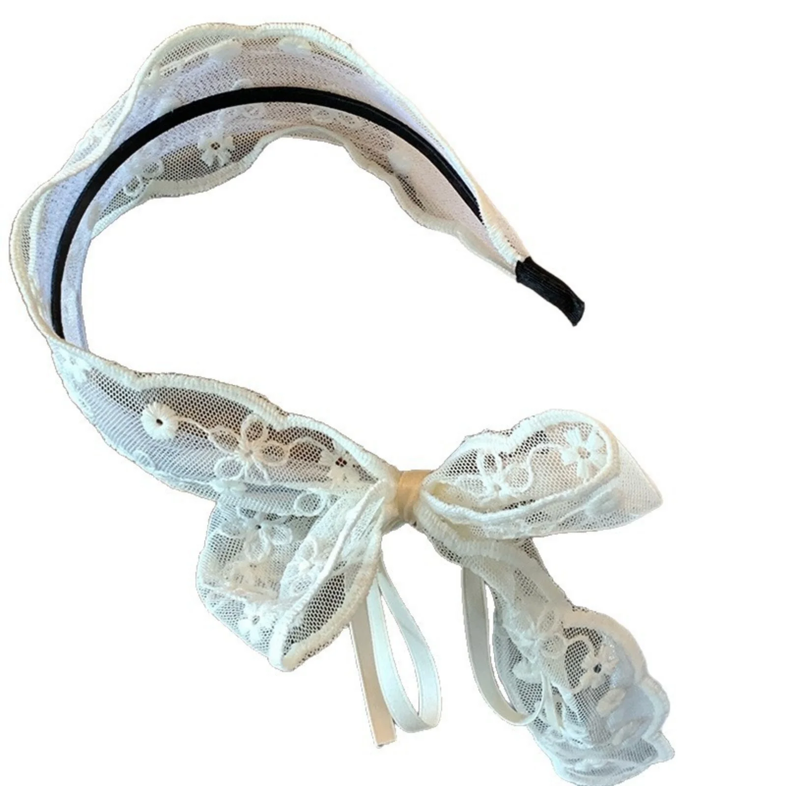 مجموعة عصابات رأس على شكل فيونكة من الدانتيل مكونة من قطعة واحدة، وأطواق شعر أنيقة باللونين الأبيض والأسود، وإكسسوارات شعر جميلة للنساء والفتيات