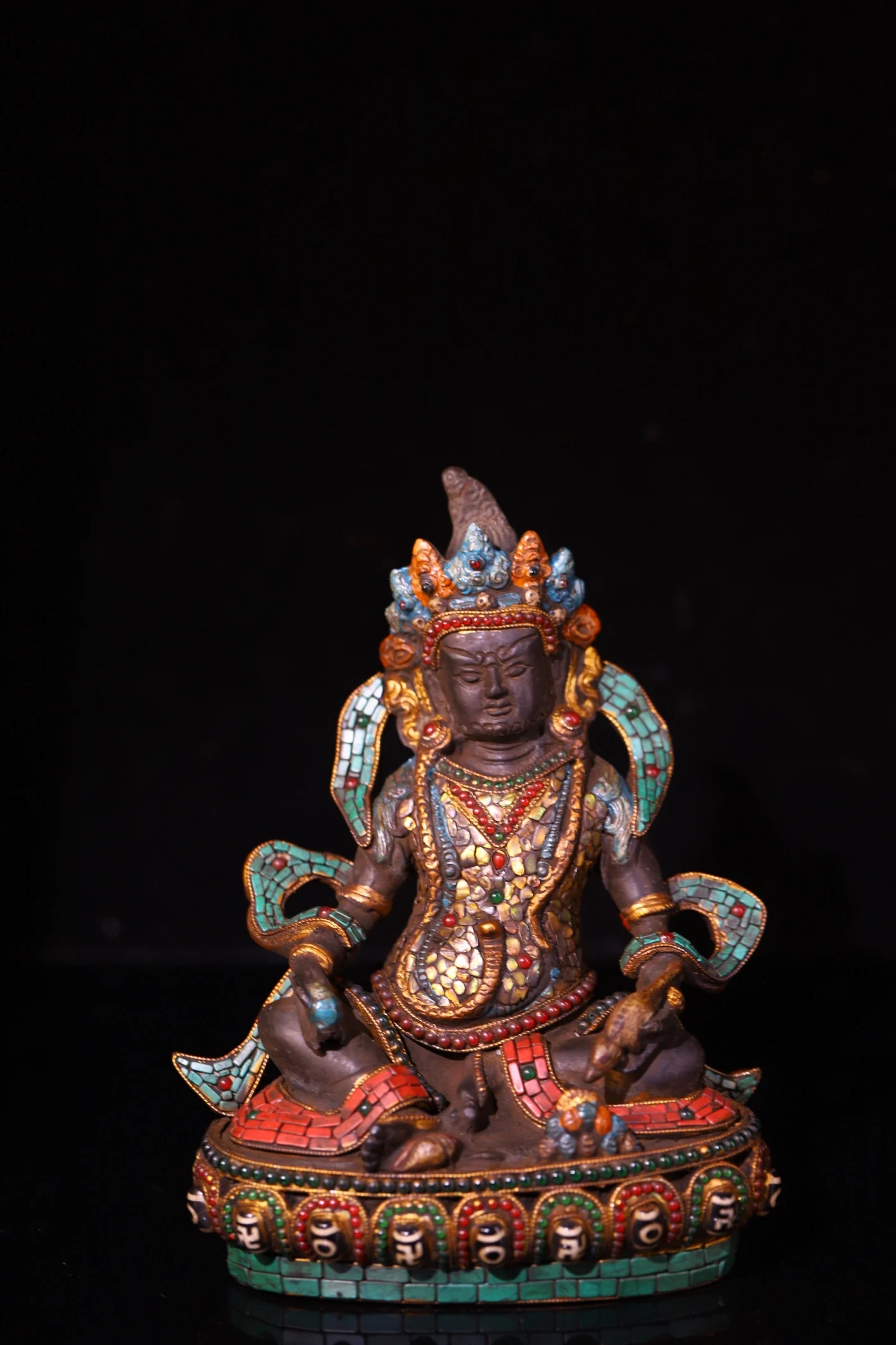 Old Purple Copper Mosaic Gem gZi Beads Turquoise Yellow Jambhala Yellow God of Wealth Sitting on Buddha Amitabha Worship Hall