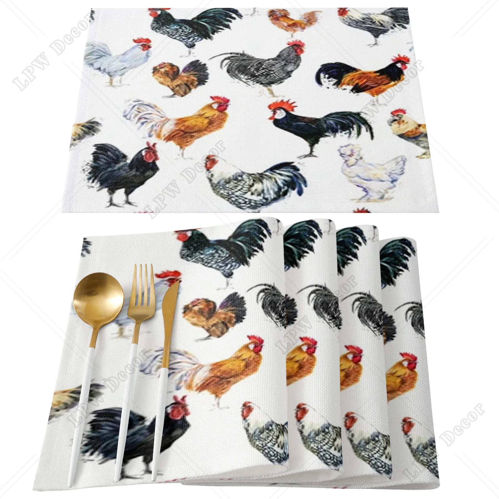 4/6pcs Set Roosters Pattern Table Mat For Dining Table Kitchen Accessories Linens Placemat Tea Coaster Pads