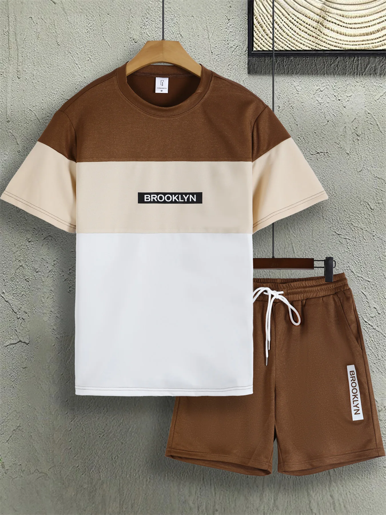 

Men's 2 Piece Brown & Beige & White Color Block Set, "Brooklyn" Print T-Shirt & Drawstring Shorts Summer Casual Outfit