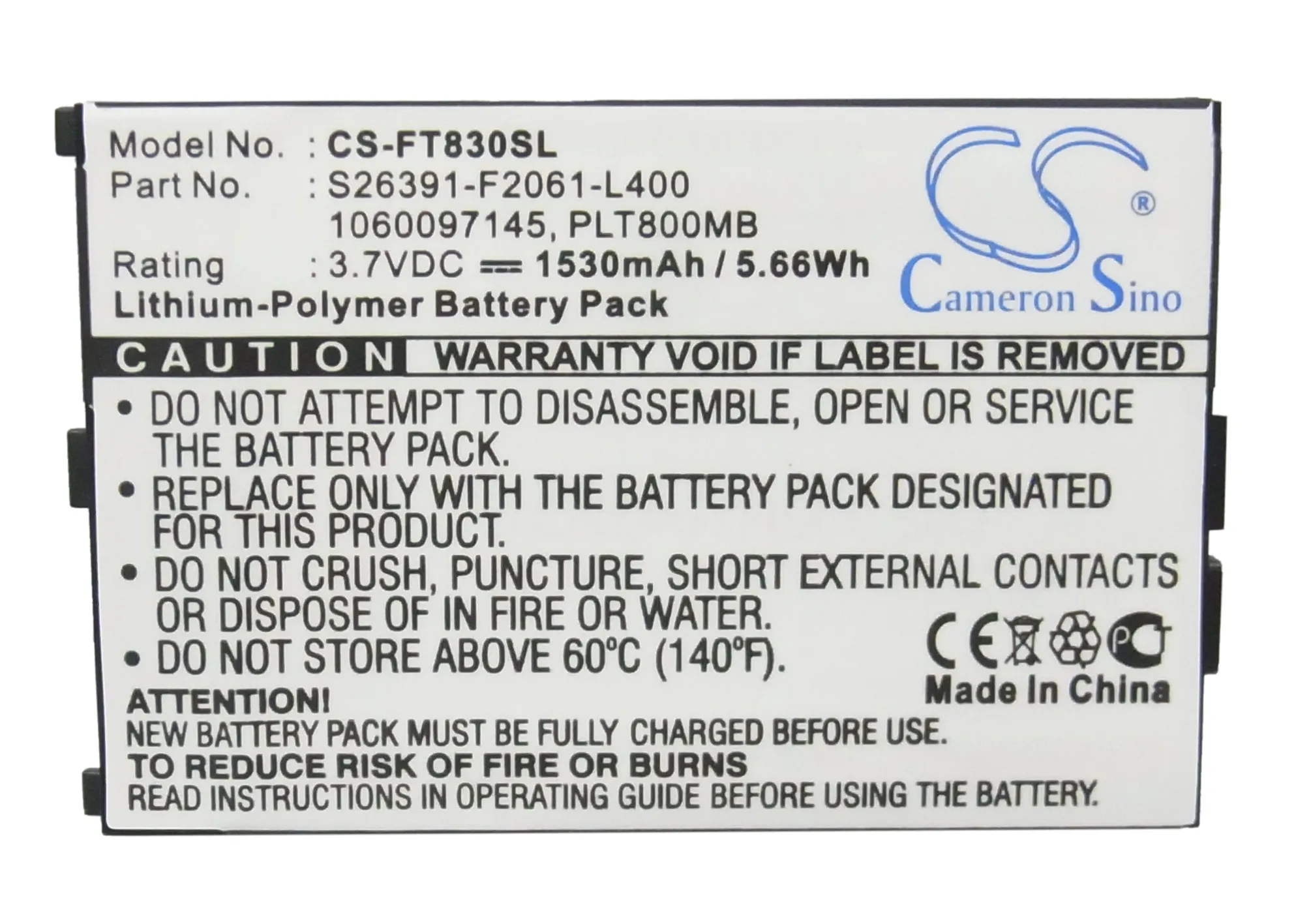 Batería de repuesto para móvil, teléfono inteligente para Fujitsu:Loox T800,Loox T810,Loox 1060097145,761UPA2371W,1530mAh / 5.66Wh--3.7V--Li-ion