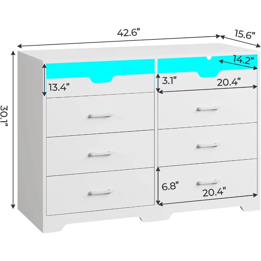 Commode moderne avec lumières LED pour chambre à coucher, commode double avec 2 plateaux côtelés, sans fret, 6 portes de proximité