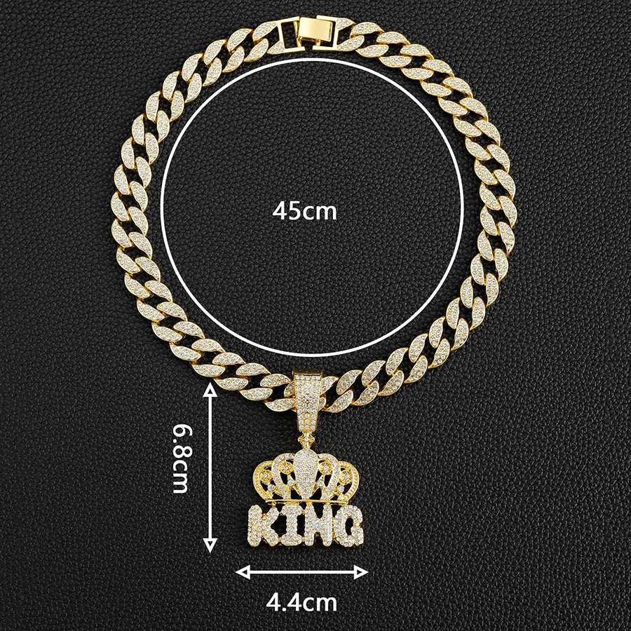 Hip hop 15mm cuban chain with alloy and full rhinestone KING crown pendant necklace