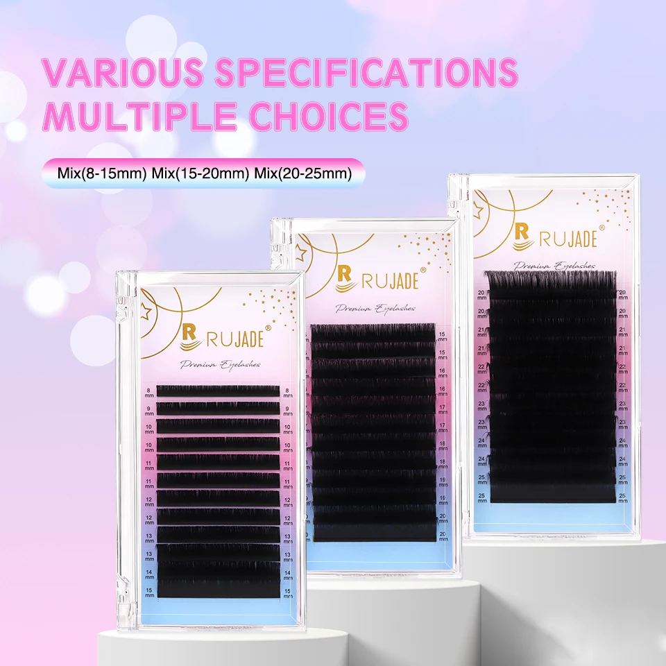 RUJADE 5-25mm Long Lash Matte Black Cashmere Eyelash Extensions Volume Tray Individual Eyelashes 0.03 0.05 0.07 0.10 Faux Cilios