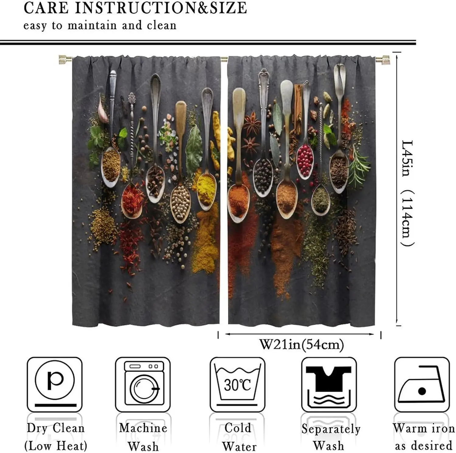 Farmhouse Spice Curtain Panels, Rustic Spoon Herb Seasoning Food Art Print Drapes for Cafe Kitchen Dining Room Window Home Decor