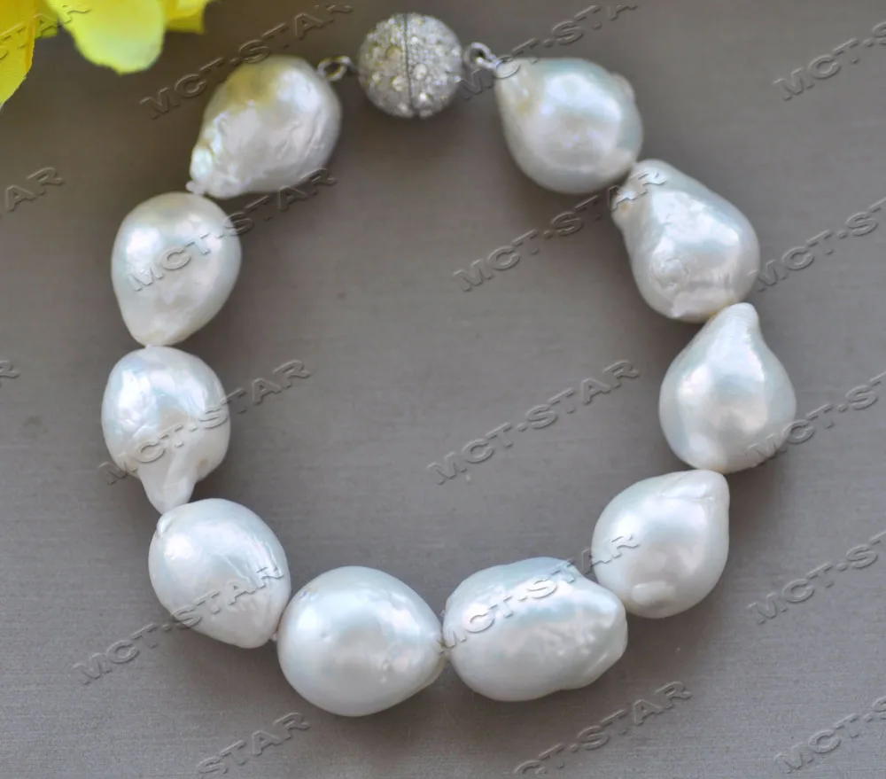 

MCT·STAR Z12570 A+ 8" 18mm White Baroque Teardrop Keshi Reborn Pearl Bracelet CZ