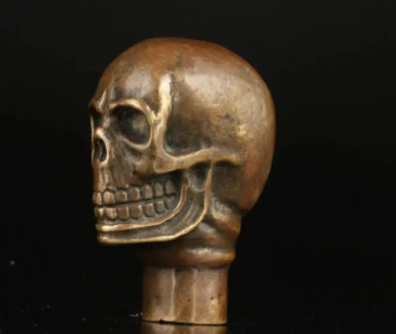 Antique Old Bronze Hand Carved Skull Statue Cane Walking Stick Head
