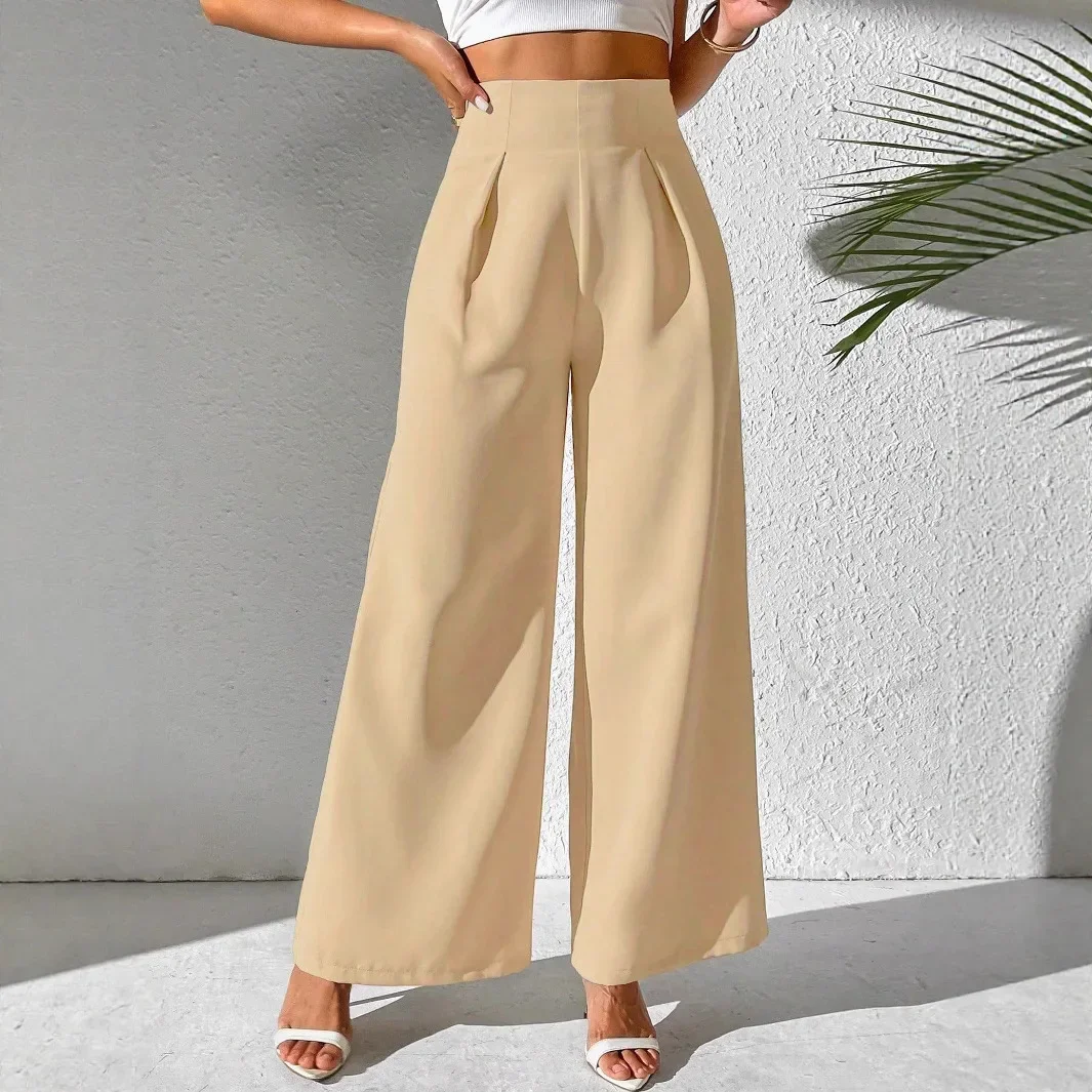 Women's Fashion Pants Elegant High Waist Flowy Fabric Wide Leg Dress Pants Office Multi Elastic Fabric Ladies Stylish Long Pants