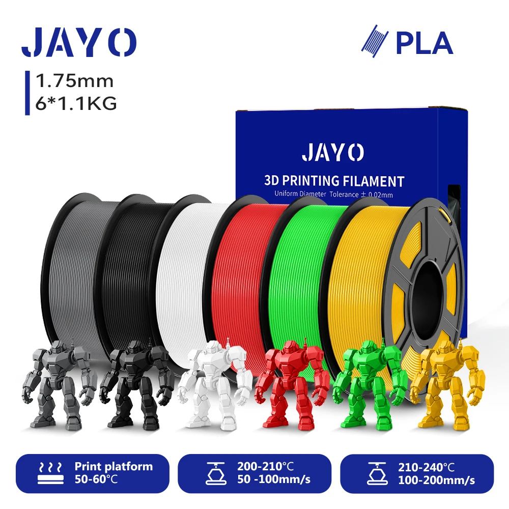 JAYO 6 Rollen 3D PLA Druckerfilament 1,75mm Ungiftig & Blasenfrei PLA-Kunststoff als 3D-Druckfilament für 99% der 3D FDM Drucker & Stifte