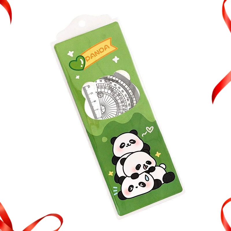 12 Sets Cartoon Panda Set Ruler Four-piece Set Student Triangular Protractor Wavy Line Ruler Suitable for Office Classrooms