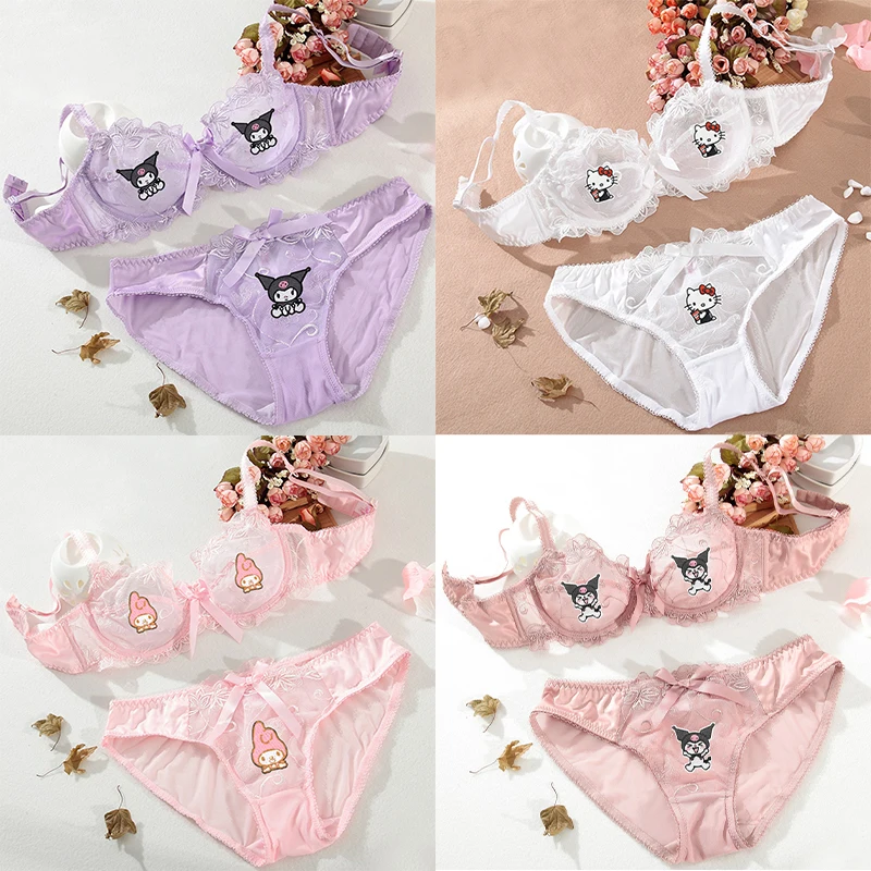 

Anime Hello Kitty Underwear Set Cute Cartoon Sexy Lace Transparent Bra Ultra Thin Breathable Large Underwear Women Accessories