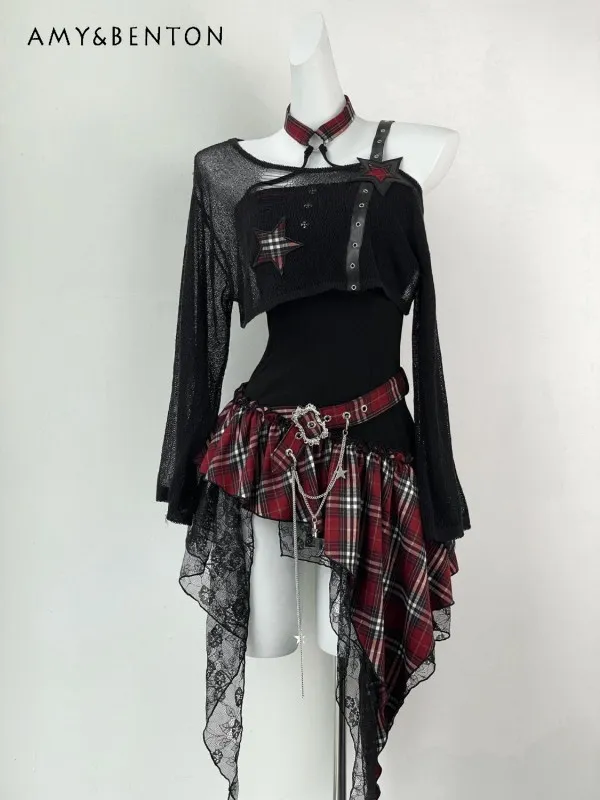 

Summer American Streetwear Y2K Women's Sheer Mesh Cropped Cover Up + Irregular Halter Red-Black Plaid Dress Two-Piece Outfit