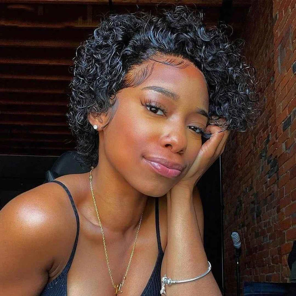 Curto bob bouncy curl peruca dianteira do laço brasileiro remy cabelo humano pré arrancado pixie corte onda de água perucas frontais do laço nós descorados