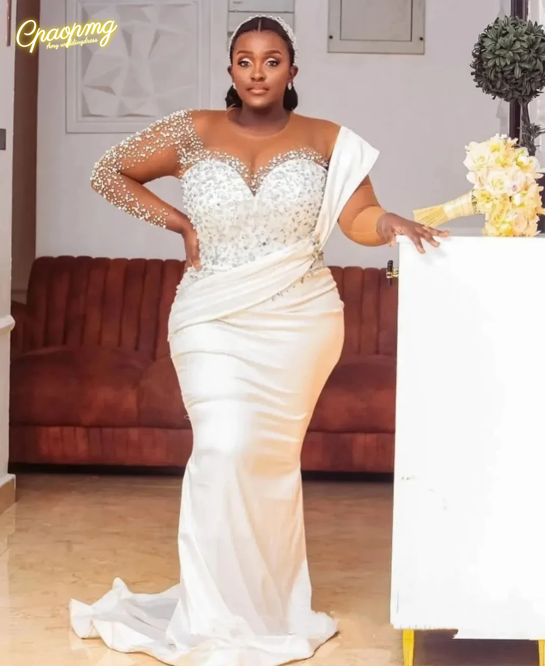 Customized Elegant African Women's Mermaid Wedding Dress 3D Diamond Long Sleeve Wedding Dress Plus Size Bridal Ball Dress