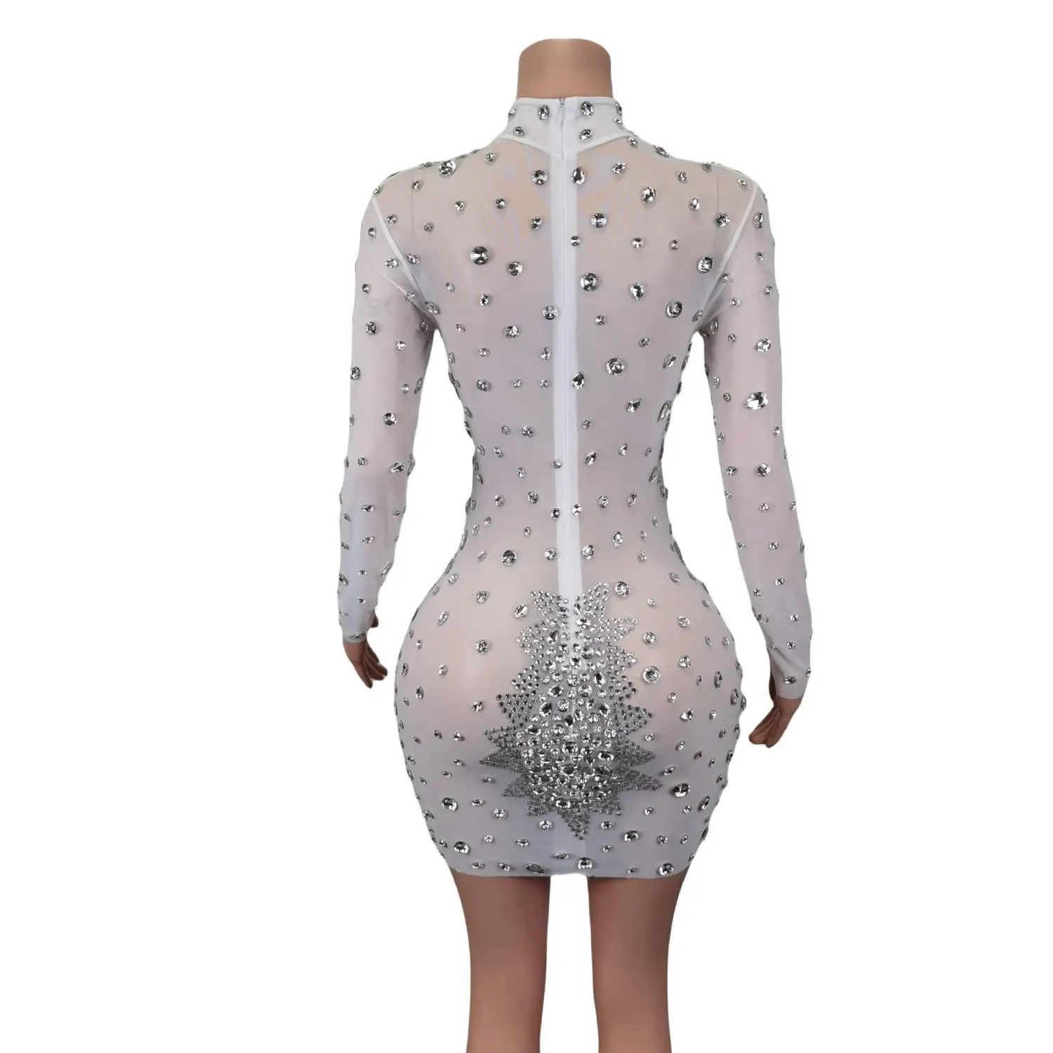 Sparkly White Rhinestones Sexy Sheer Mesh Sheath Mini Dress Evening Party Performance Costume Bar Nightclub Singer Stage Wear