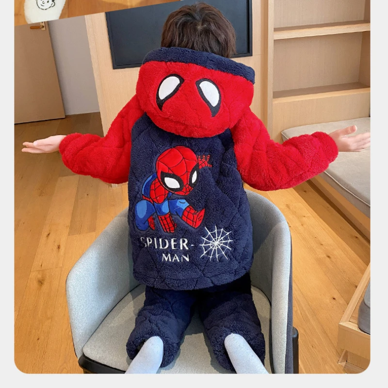 Marvel Spider Man Children Pajamas Sets Flannel Warm Hooded Women Men Winter Unisex Cartoon Pajamas Kid Christmas Birthday Gifts