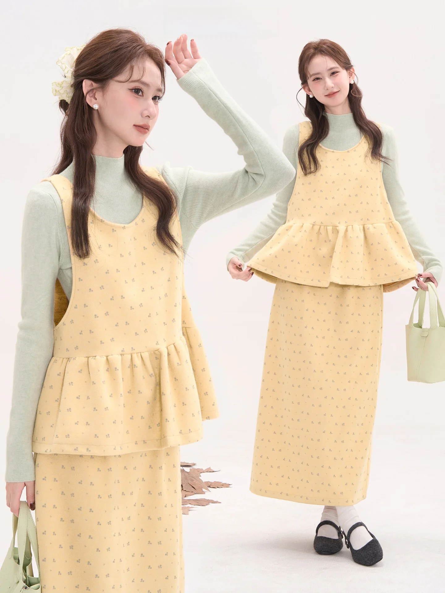 

Женский зимний модный комплект из вязаного жилета и юбки с цветочным принтом: теплый, комфортный, стандартный крой, для свиданий