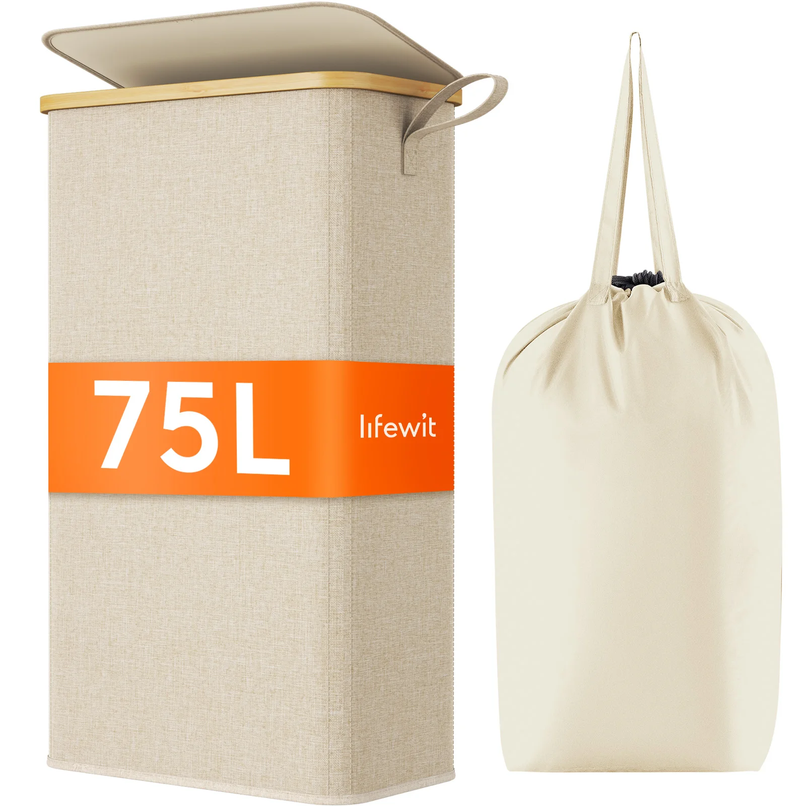 

75L Slim Laundry Hamper with Lid, Narrow Laundry Basket with Removable Bag & Bamboo Handles