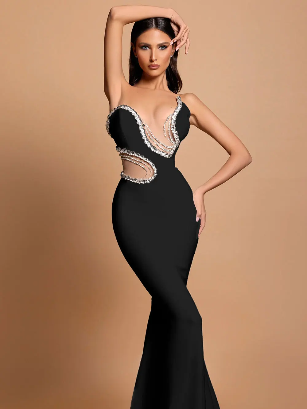 2024 Sexy Women Heavy Industry Nail Bead Design Maxi Dress Strapless Glove Design Bodycon Backless Long Dress Club Party Vestido