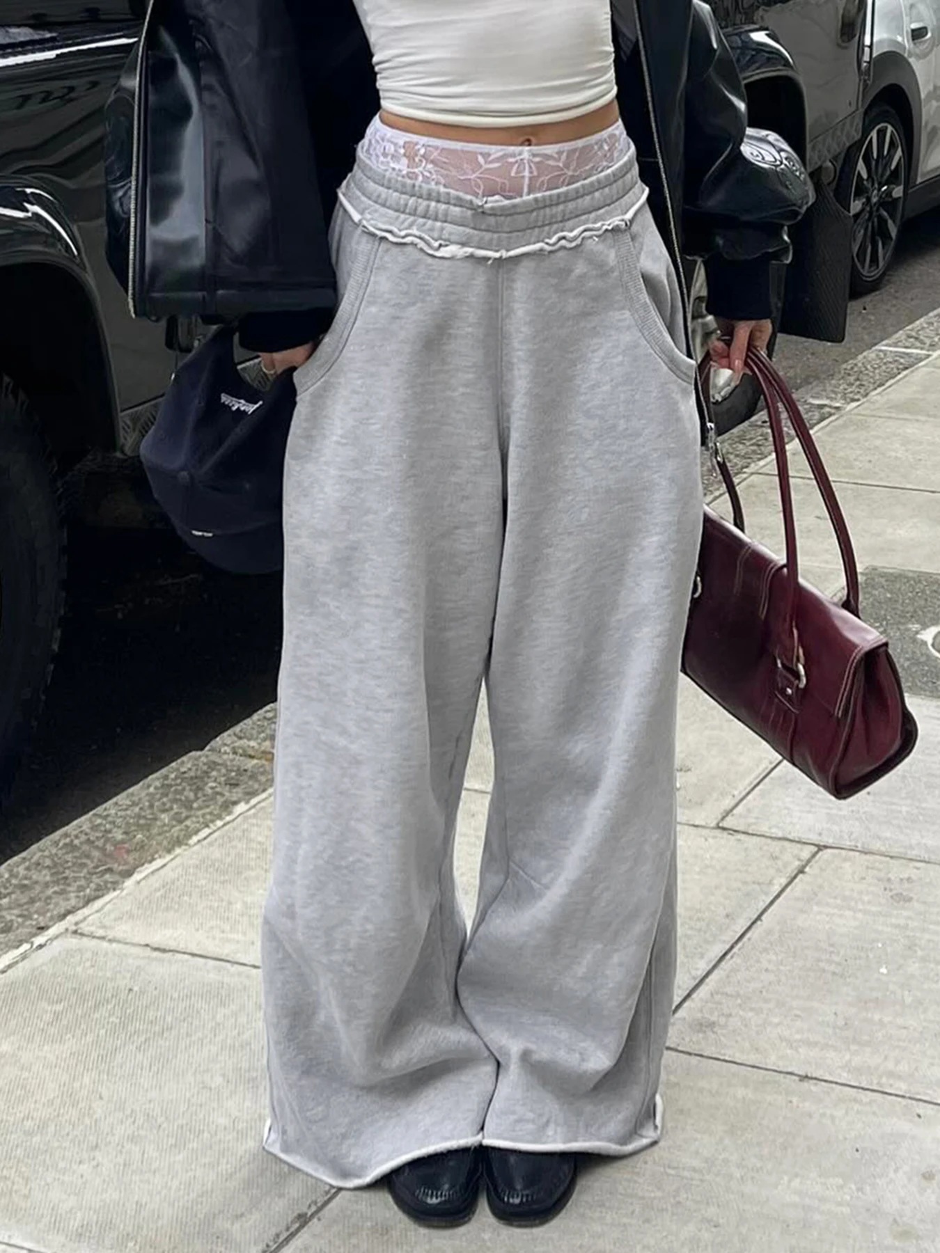 

Weekeep Baggy Grey Sweatpants Stitching Pockets Elastic Low Rise Casual Straight Pants y2k Street Style Women Trousers Harajuku