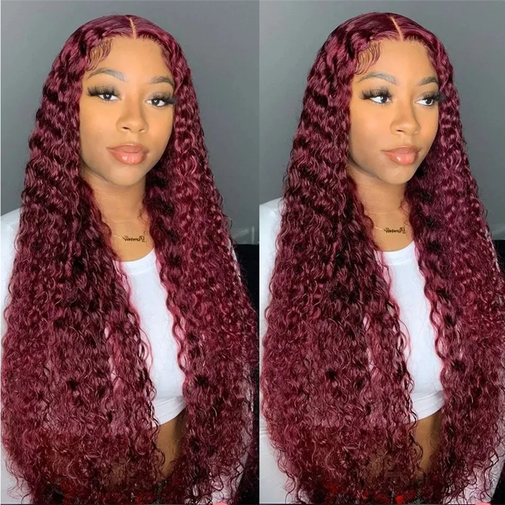 باروكات عميقة 99J بورجوندي شعر مستعار مجعد 13x6 شعر بشري دانتيل أمامي كامل ملون 13x4 HD شعر مستعار شفاف شعر مستعار موجة عميقة 200% كثافة