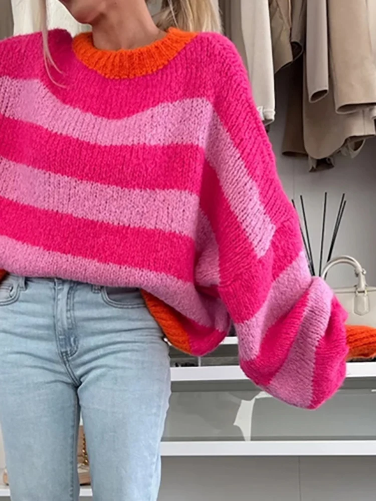 เสื้อสเวตเตอร์ลำลองลายทางพิมพ์ลายปะติด แฟชั่นฤดูใบไม้ร่วงฤดูหนาว เสื้อสเวตเตอร์อุ่นๆ คอกลม แขนยาว ถักนิตติ้ง สำหรับผู้หญิง