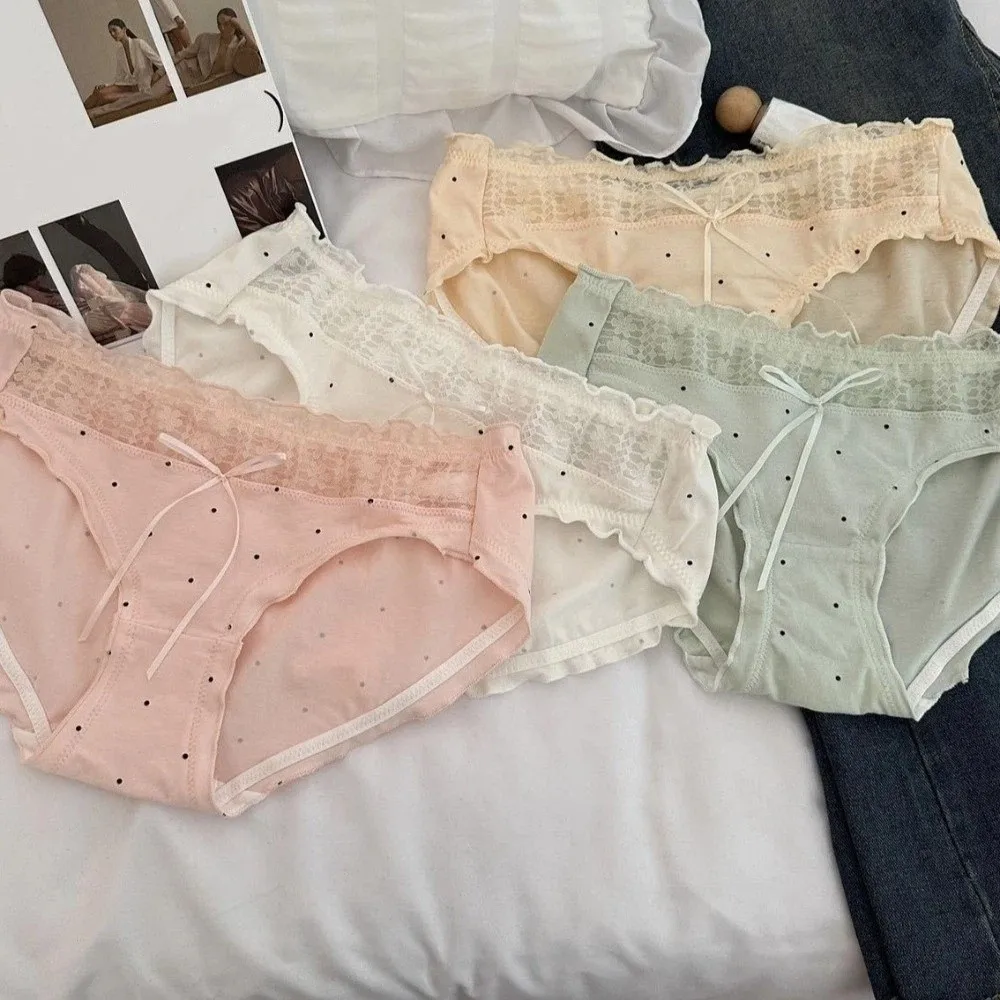 

Cute Mid-waist Underwear Women Ruffle Patchwork Sweet Panties Underpants Dots Cotton Bow Briefs Girl