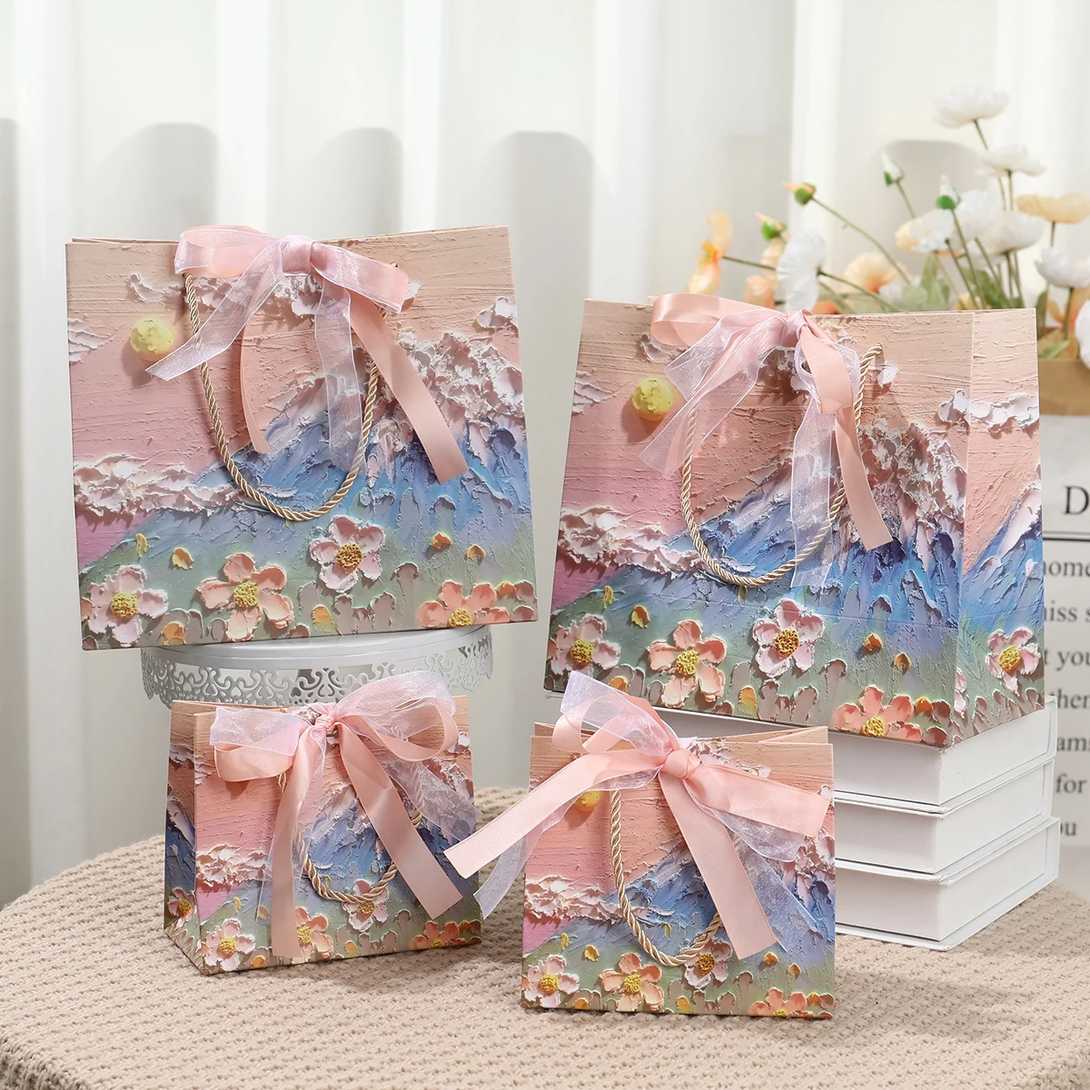 Flower Gift Pakcaging Bag 3D Cloud Oil Painting Paper Bag Valentine\'s Day Birthday Wedding Party Favor Bag Clothes Store Handbag