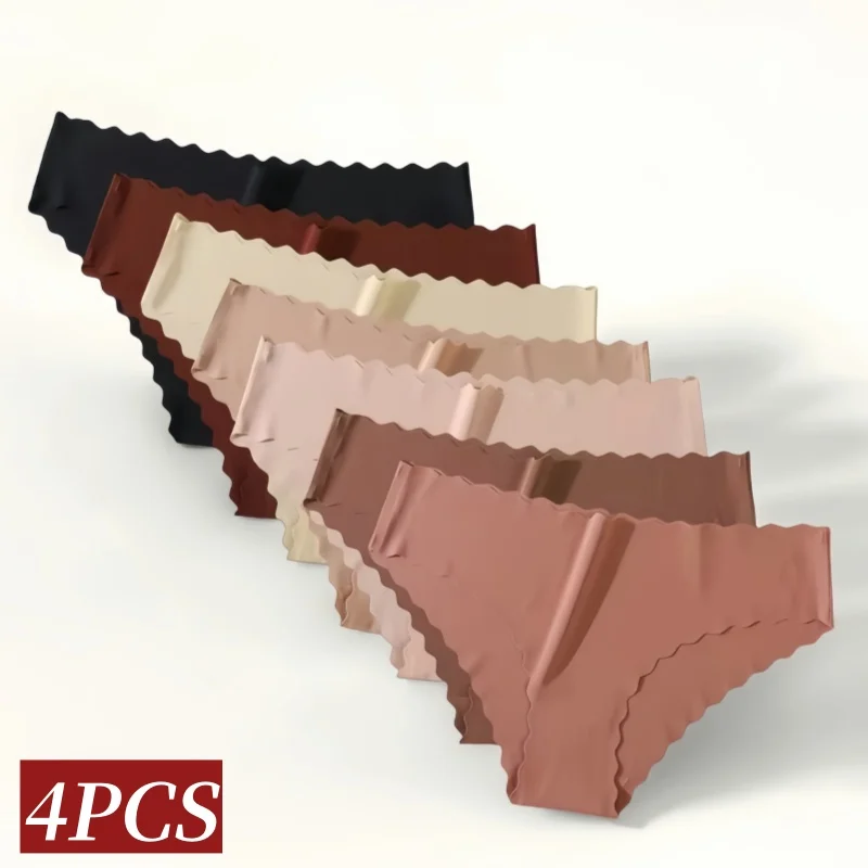 4Pcs/Set Ice Silk Mid-Rise Panties Women's Seamless Briefs Solid No Show Underw…