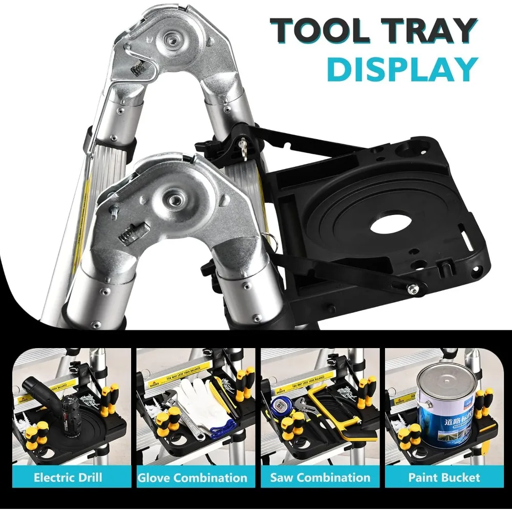 سلم تصغير مدمج من الألومنيوم بطول 16.5 قدم مع منصة أدوات وقضيب تثبيت، تصميم محمول على شكل حرف A للأماكن الخارجية
