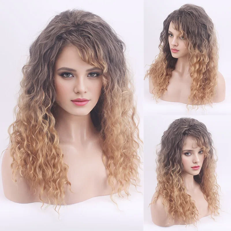 

European and American wigs, fashion foreign trade chemical fiber mechanism headgear, gold brown gradual change small roll wig