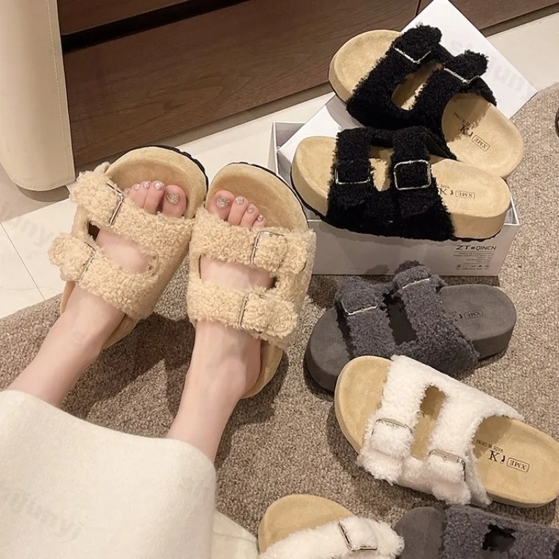 

Модные повседневные повседневные плюшевые тапочки с открытым носком для женщин, осень 2022, новые удобные сандалии на толстой подошве с пряжками, массивные сандалии
