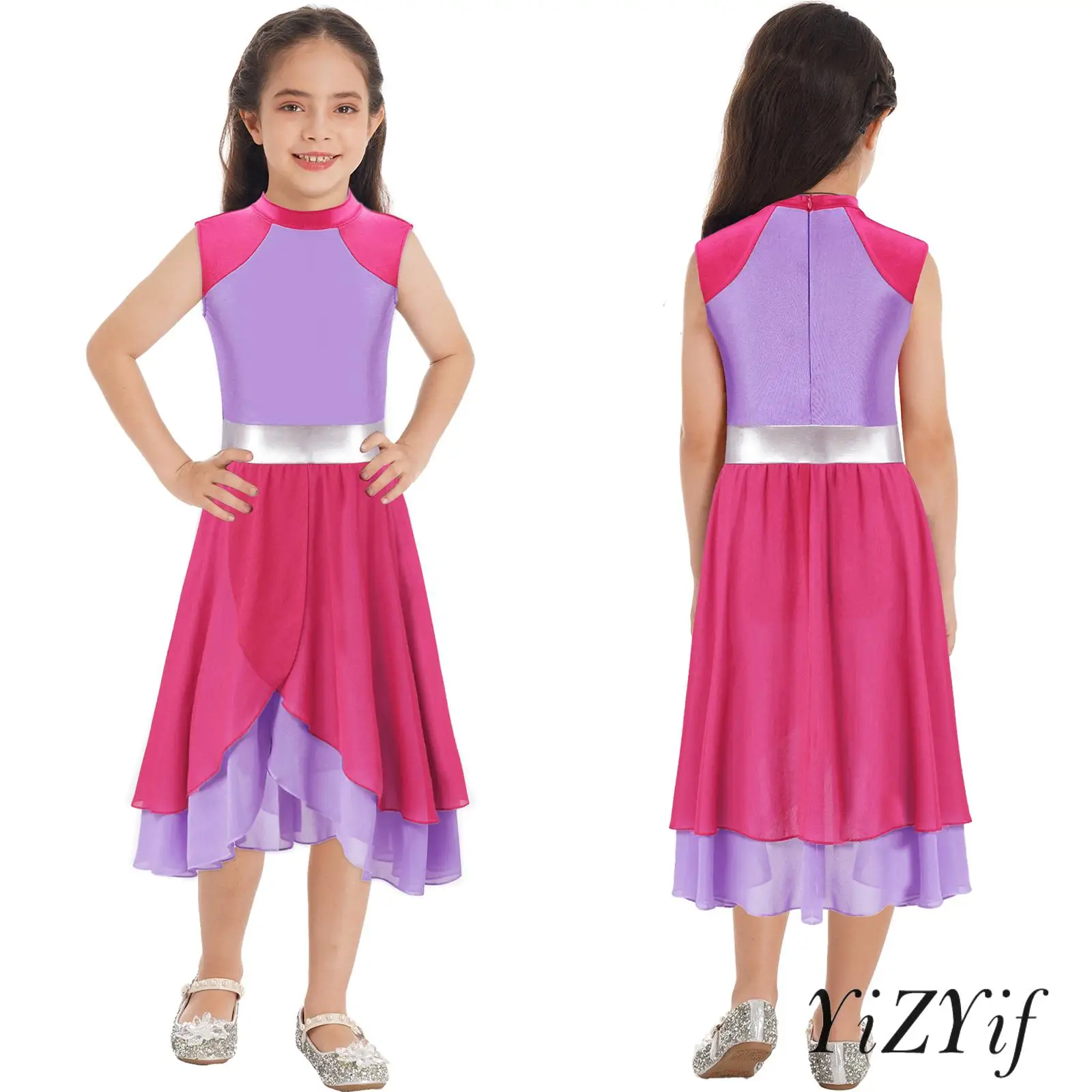 

‌Girls' Performance Dress with Built-in Briefs Zipper Back 2-Layer Contrast Chiffon Hem for Figure Ice Skating Yoga Folk Dance