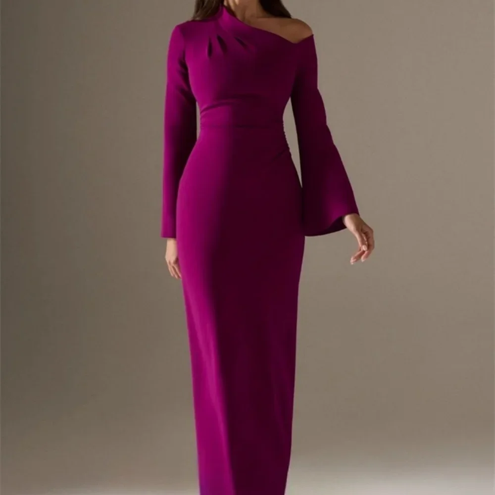 

JDY Custom Rose Red Asymmetrical Shoulder Long Sleeve Robe Evening Four-Way Stretch Party Dress Ankle-Length Ball Gown