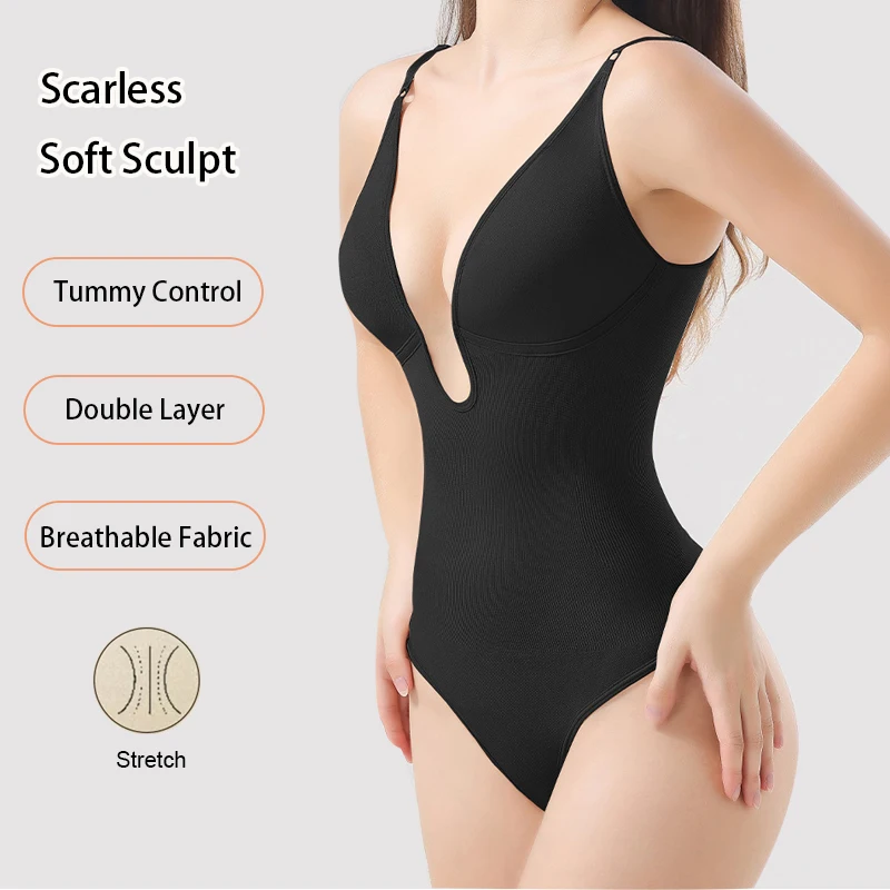 Women's Seamless Shapewear Backless Bodysuit Deep V Tummy Control Thong Body Shaper Slimming Push Up Camisole Full Body Shaper view 2