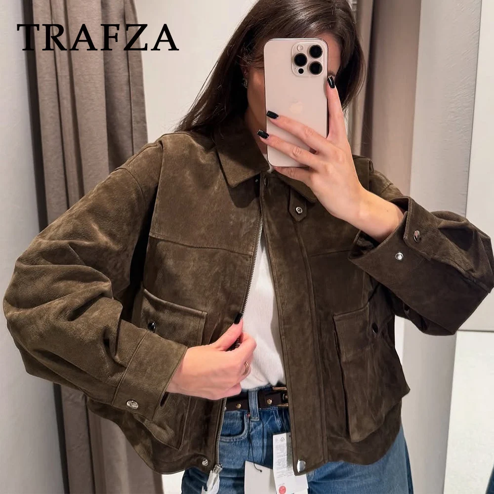 

TRAFZA Vintage Streetwear Casual Club Cool Woman Jackets Fall Zipper Pockets Suede Fabric Chic Fashion 2025 Autumn Mujer Outwear
