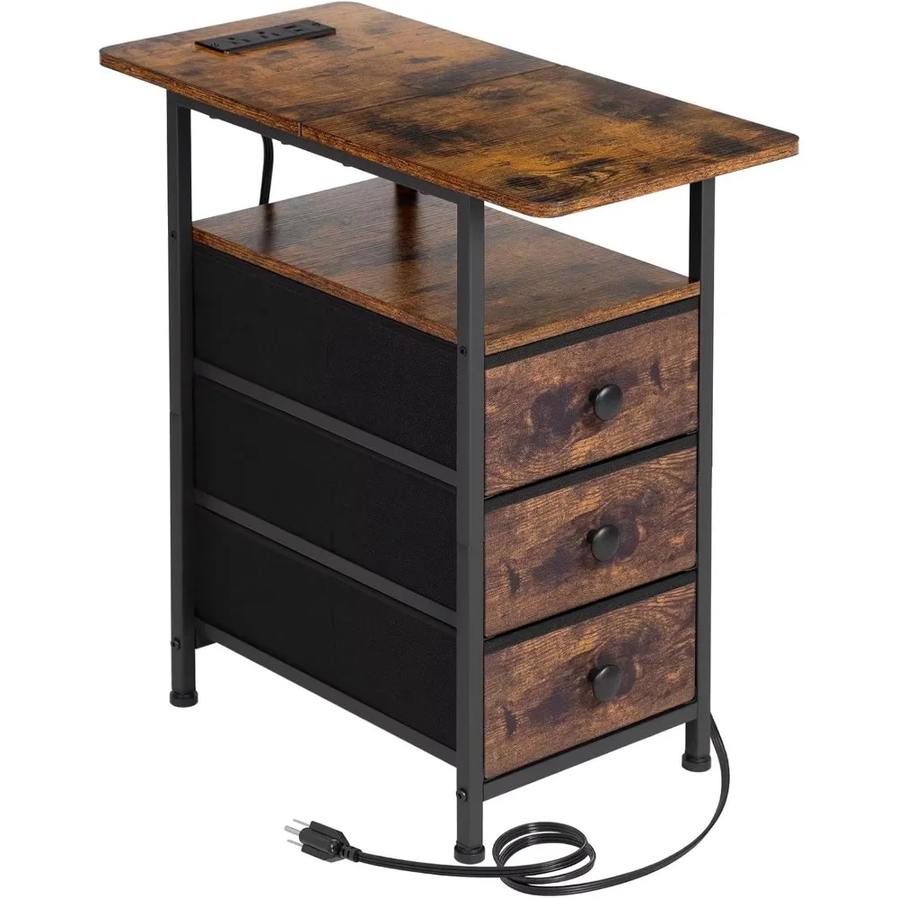 

Narrow Side Table with USB Ports and Outlets, Nightstand Table with 3 Fabric Drawers for Bedroom, Small Space, Rustic Brown,