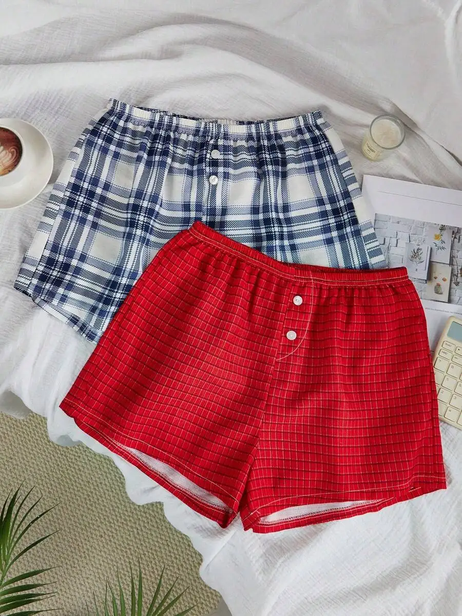 

Womens Plaid Crinkle Shorts With Faux Button Pajama Set
