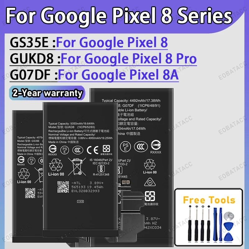2026 100% High Capacity GS35E GUKD8 G07DF Replacement Battery For Google Pixel 8/8 Pro/8a + Free Tools