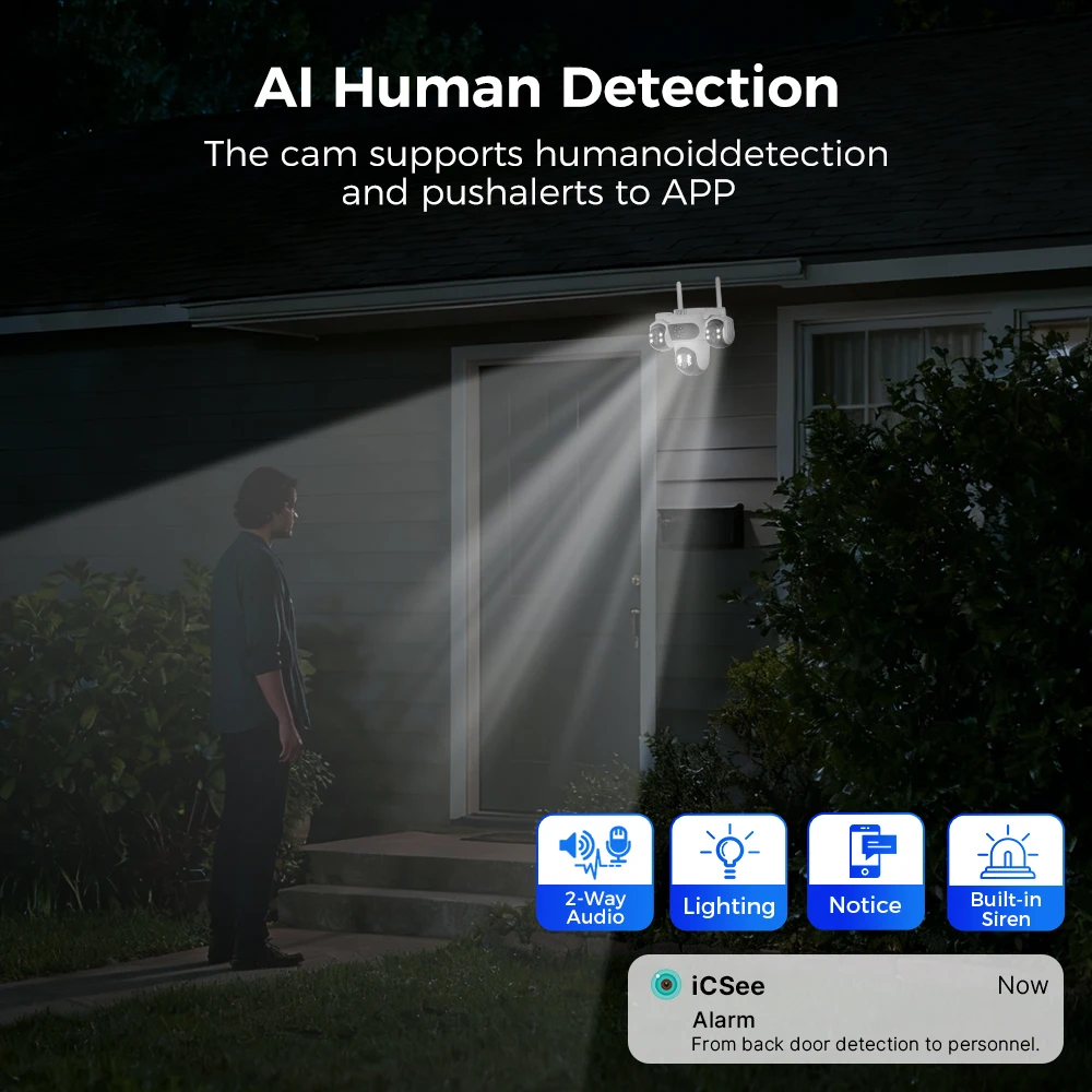 Hiseeu IP-Kamera, drei Objektive, 4-fach Zoom, WiFi, PTZ-Kamera, für den Außenbereich, wasserdicht, 3 MP, Auto-Tracking, CCTV-Sicherheitsüberwachungskamera iCsee
