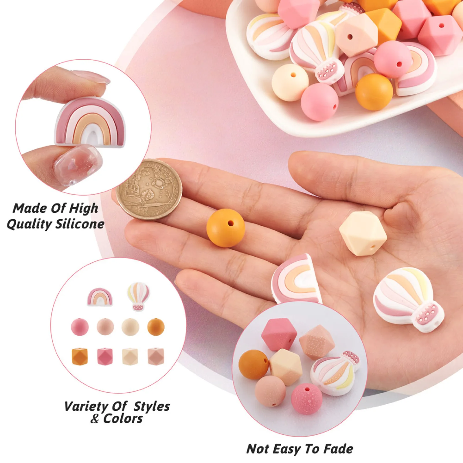 50Pcs 10 Style Food Grade Eco-Friendly Silicone Beads Octagon Hot Air Balloon Shape Beads DIY Nursing Necklaces Keychain Making