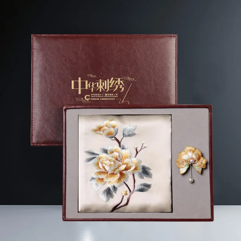 Handmade embroidered silk scarf brooch gift Suzhou mulberry silk silk scarf gift for foreigners gift box high-end