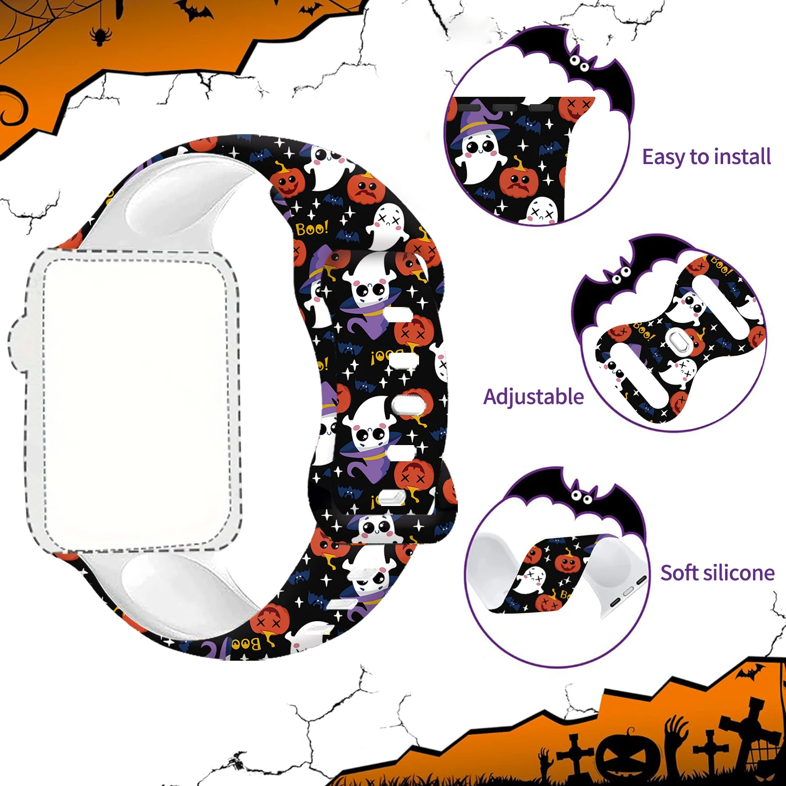 Halloween Series 2 Printed Strap for Apple Watch 9 8 7 SE Silicone Band Replaceable Bracelet for iWatch 45mm 44mm 42mm Watchband