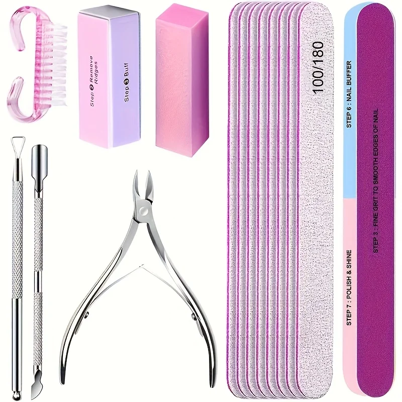 

15 шт./лот, зернистость 100/180, буферная губка, кисть для ногтей, набор ножниц для ногтей с щипцами для кутикулы, толкатели, инструмент для маникюра, гель-лак